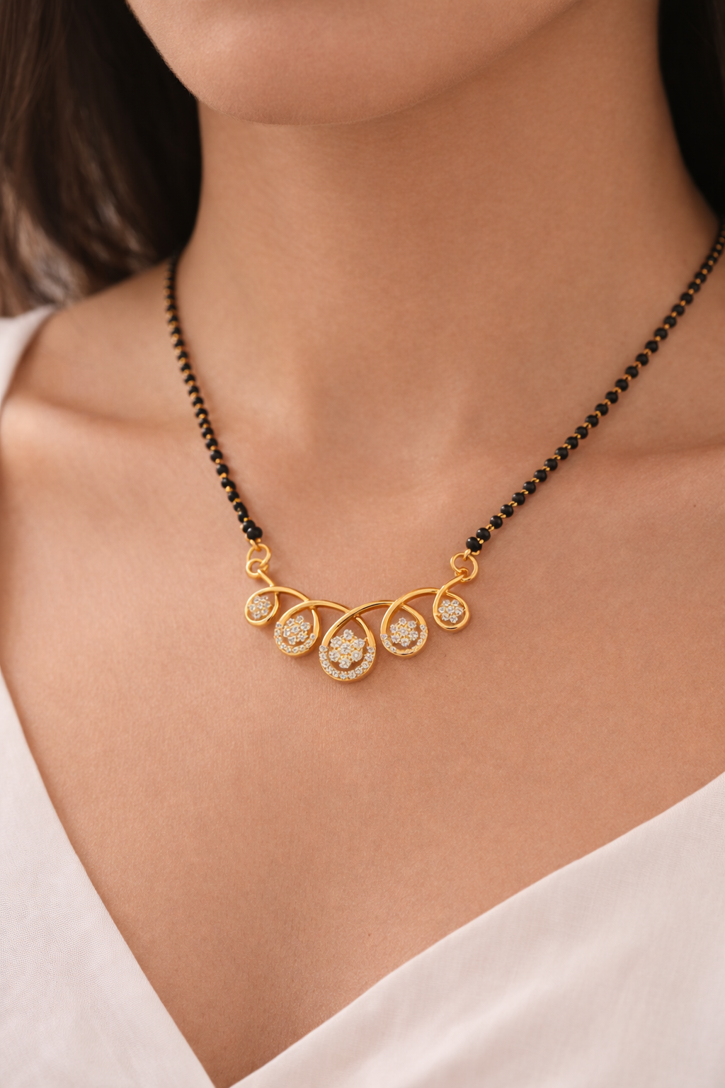 Gold-Plated Floral AD Mangalsutra Necklace