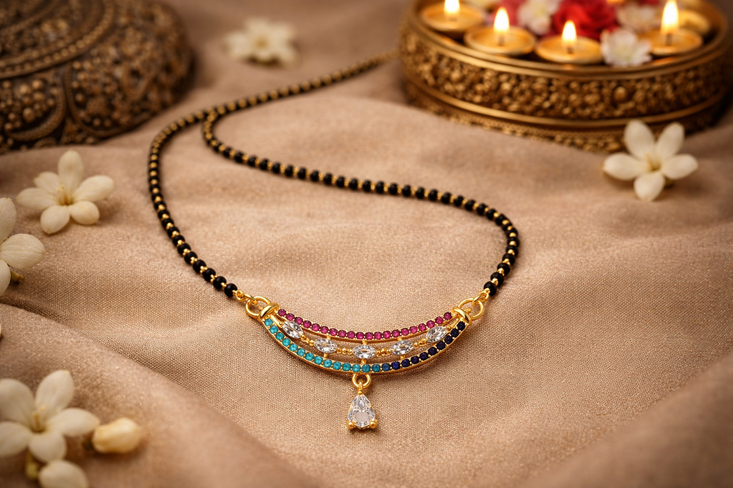 Gold-Plated Multicolor AD Mangalsutra Necklace with Drop Pendant