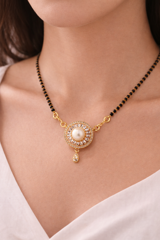Gold-Plated Pearl AD Mangalsutra Necklace with Black Beads