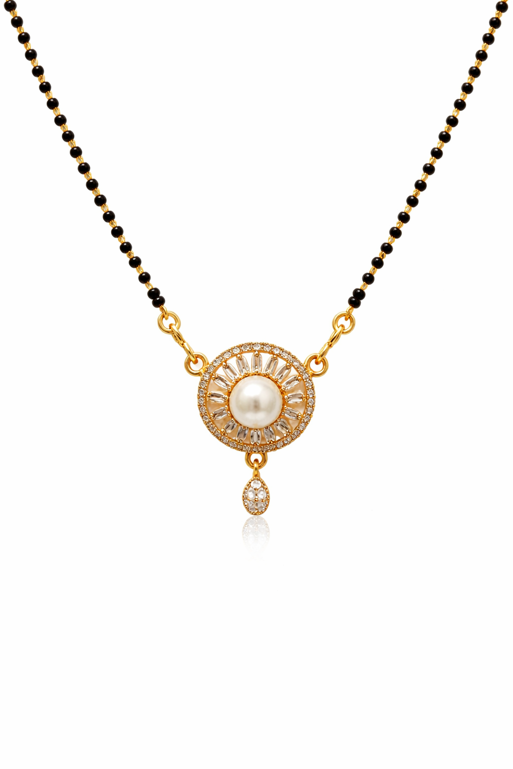Gold-Plated Pearl AD Mangalsutra Necklace with Black Beads