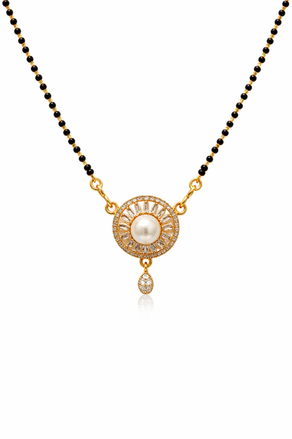 Gold-Plated Pearl AD Mangalsutra Necklace with Black Beads