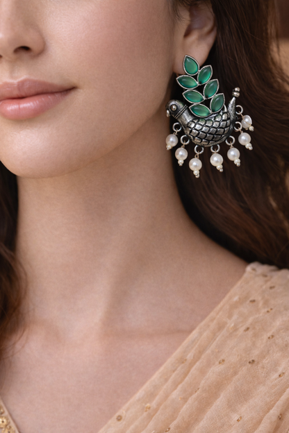 Oxidised Silver Bird Design Earrings with Emerald Green Stones & Pearl Drops for Women