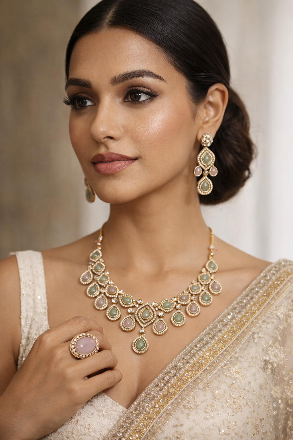 Gold-Plated Pastel Stone Kundan Necklace Set with Earrings, Maang Tikka & Ring