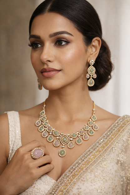 Gold-Plated Pastel Stone Kundan Necklace Set with Earrings, Maang Tikka & Ring