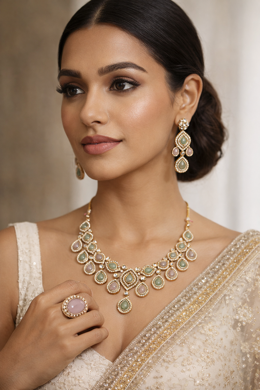 Gold-Plated Pastel Stone Kundan Necklace Set with Earrings, Maang Tikka & Ring