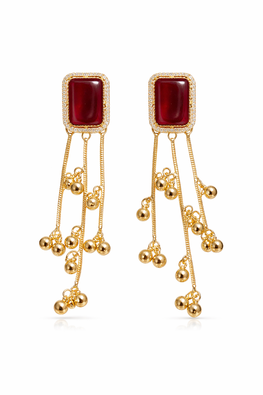 Gold-Plated Red Stone Tassel Drop Earrings with Dangling Beads