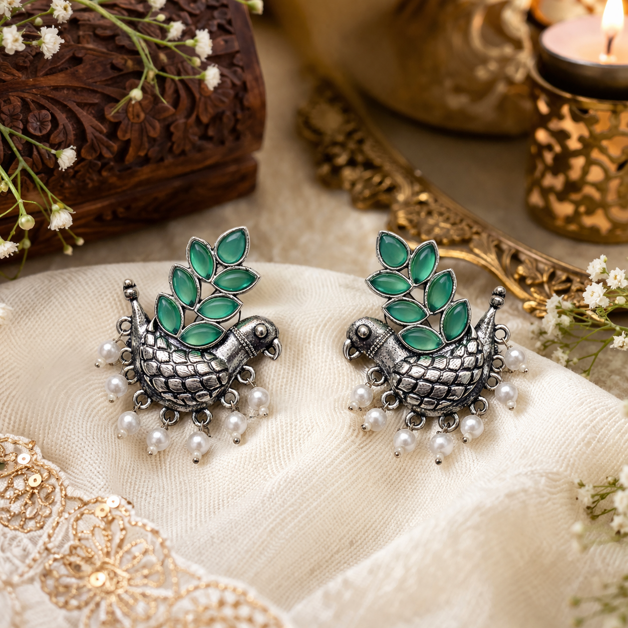 Oxidised Silver Bird Design Earrings with Emerald Green Stones & Pearl Drops for Women