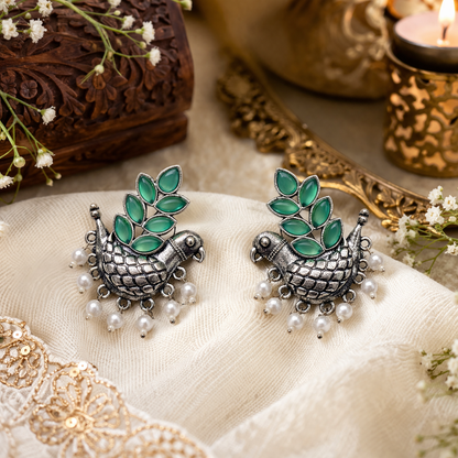 Oxidised Silver Bird Design Earrings with Emerald Green Stones & Pearl Drops for Women