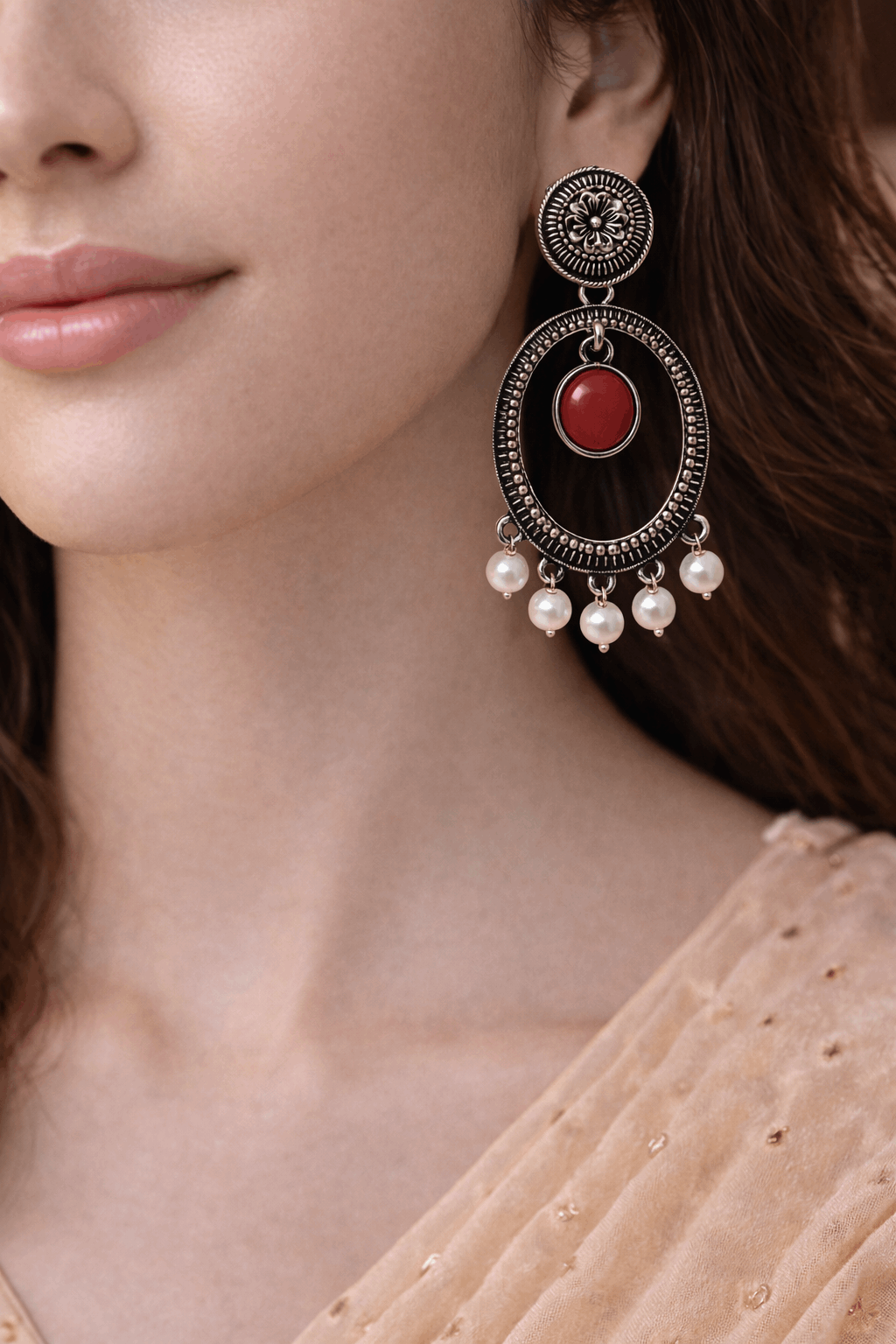 Oxidised Oval Pearl Drop Earrings with Red Stone