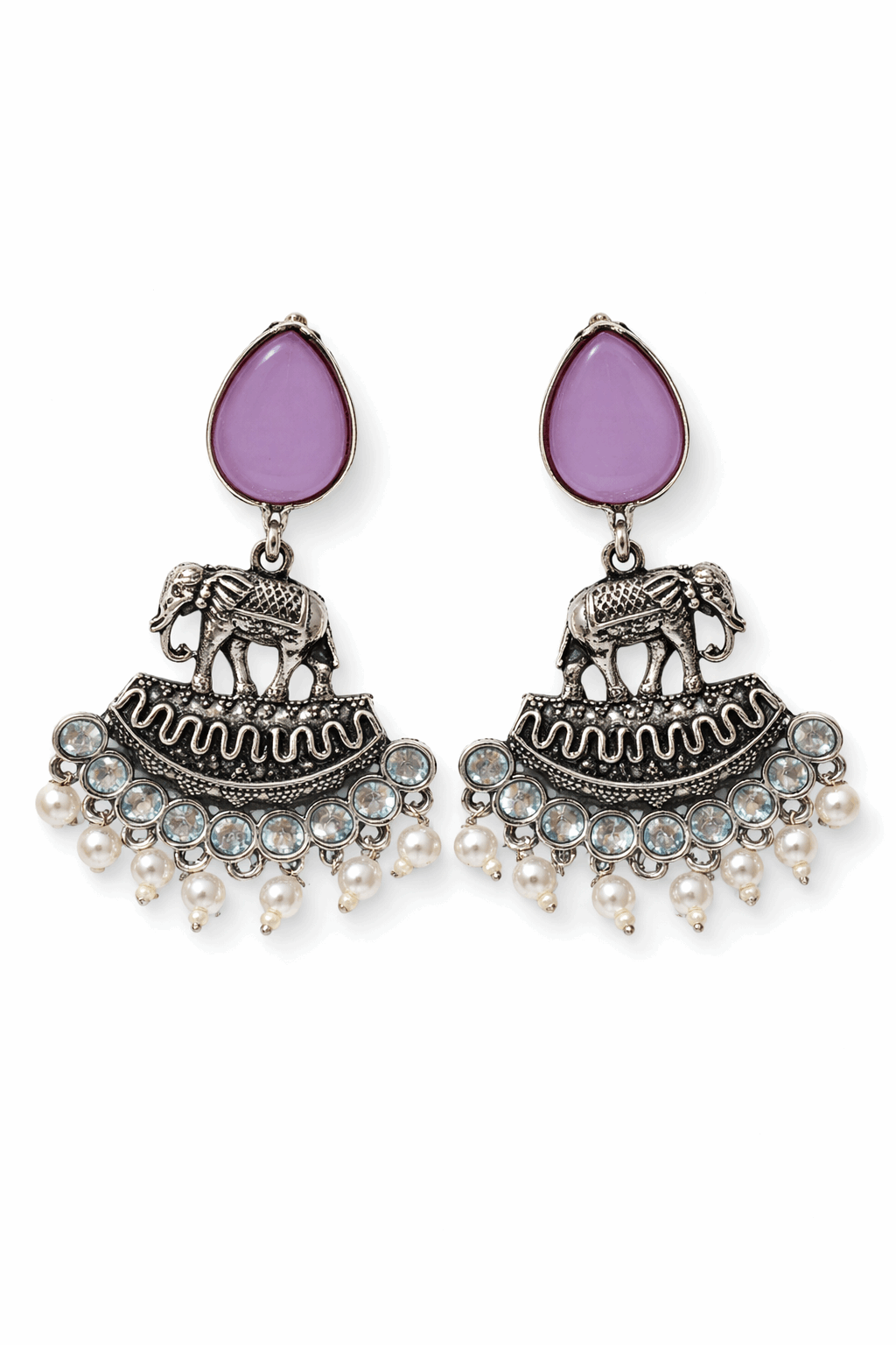 Oxidised Elephant Pearl Drop Earrings with Lavender Stone