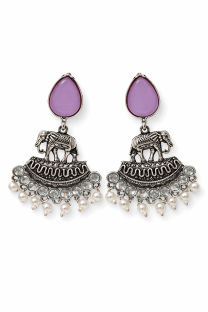 Oxidised Elephant Pearl Drop Earrings with Lavender Stone