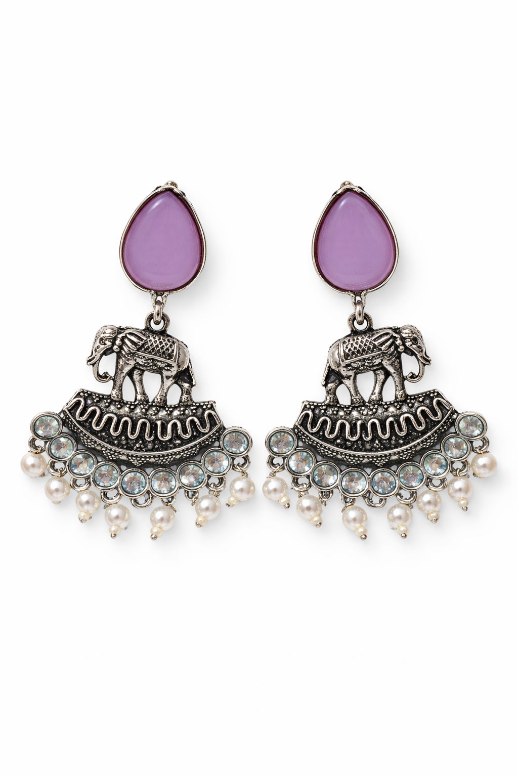 Oxidised Elephant Pearl Drop Earrings with Lavender Stone