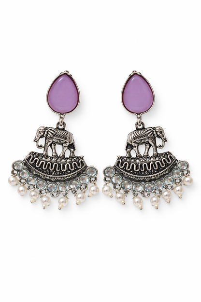 Oxidised Elephant Pearl Drop Earrings with Lavender Stone