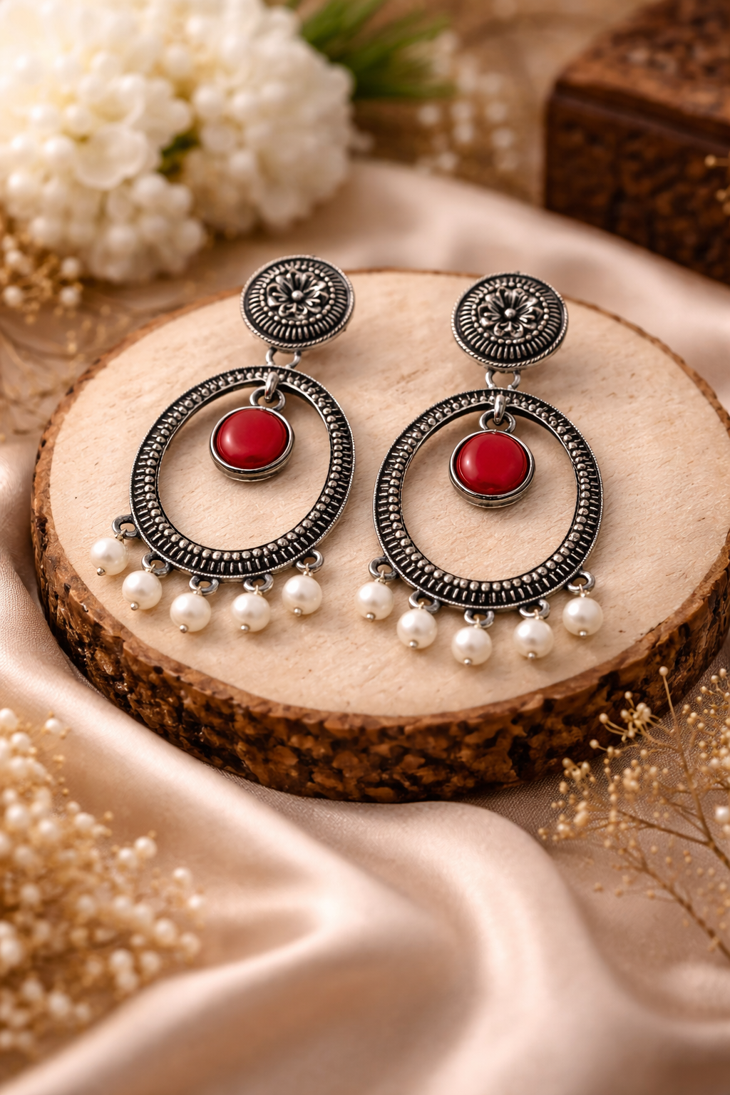 Oxidised Oval Pearl Drop Earrings with Red Stone