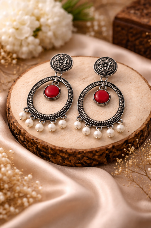 Oxidised Oval Pearl Drop Earrings with Red Stone