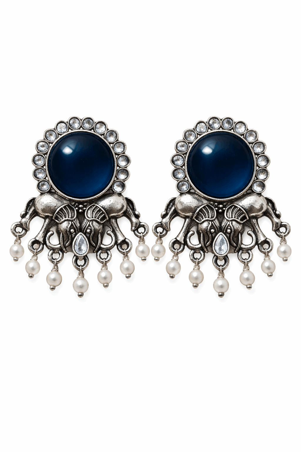 Oxidised Elephant Pearl Drop Earrings with Blue Stone