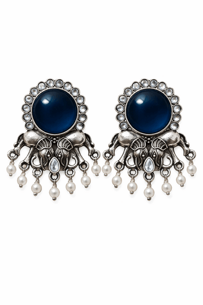 Oxidised Elephant Pearl Drop Earrings with Blue Stone
