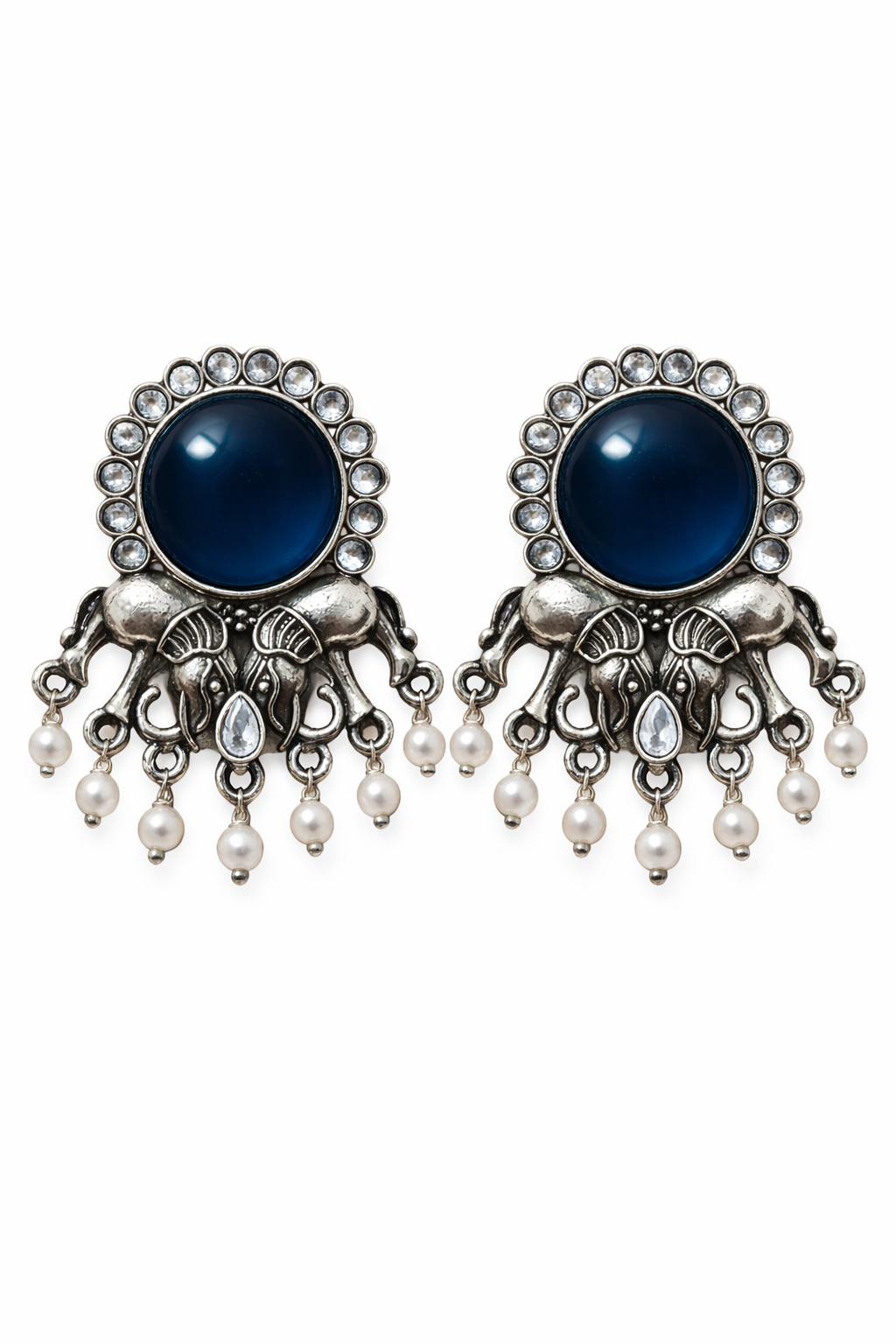 Oxidised Elephant Pearl Drop Earrings with Blue Stone