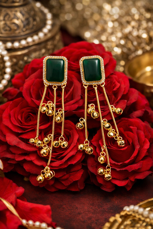 Gold-Plated Green Stone Tassel Drop Earrings with Dangling Beads