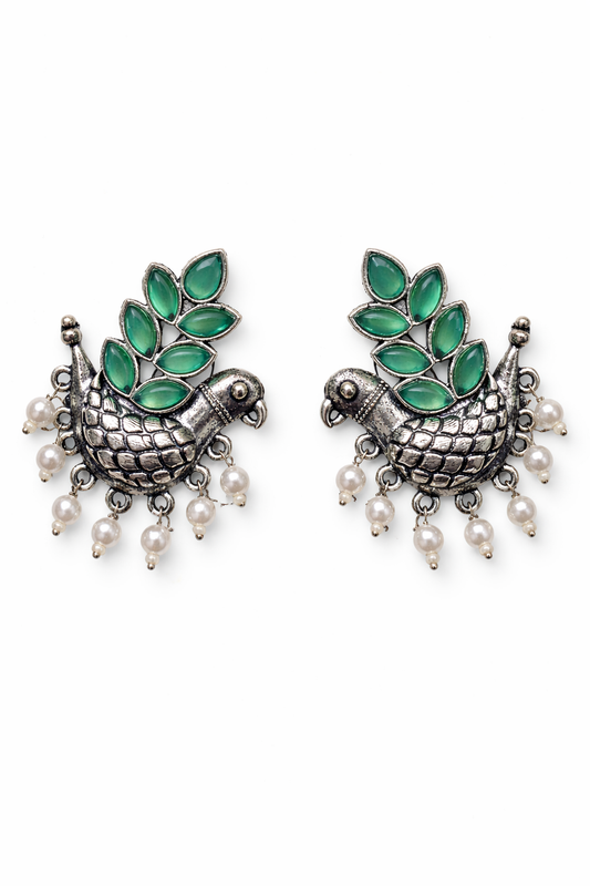 Oxidised Silver Bird Design Earrings with Emerald Green Stones & Pearl Drops for Women