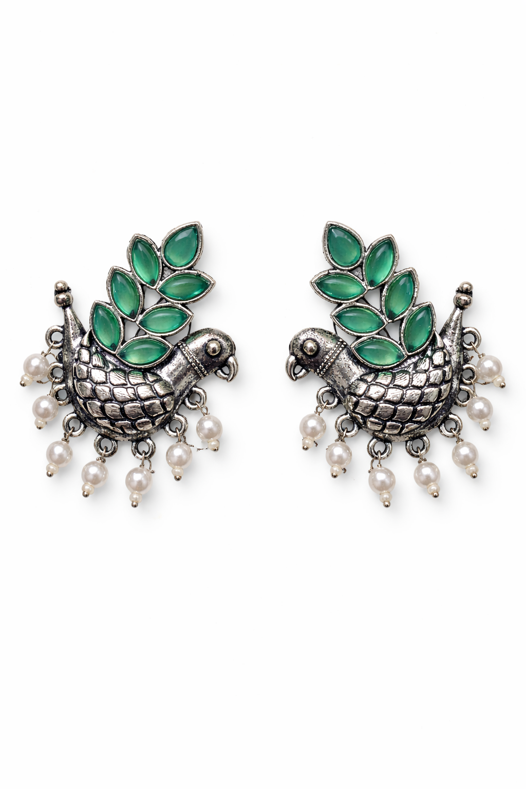 Oxidised Silver Bird Design Earrings with Emerald Green Stones & Pearl Drops for Women