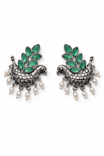 Oxidised Silver Bird Design Earrings with Emerald Green Stones & Pearl Drops for Women
