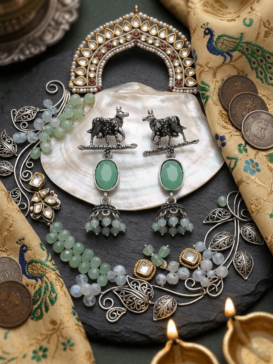 Oxidised Silver Cow Motif Turquoise Oval Stone Jhumka Earrings for Women