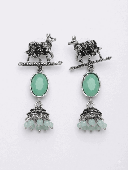 Oxidised Silver Cow Motif Turquoise Oval Stone Jhumka Earrings for Women