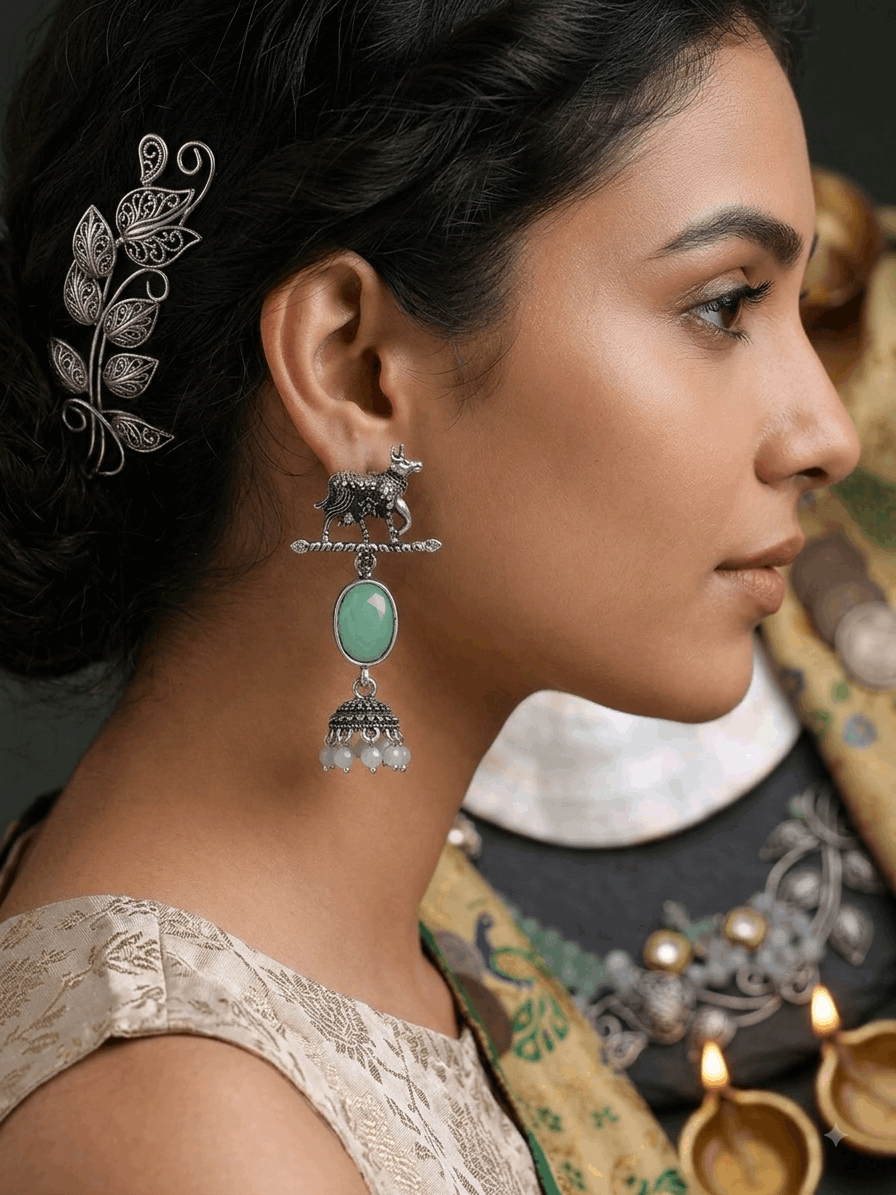Oxidised Silver Cow Motif Turquoise Oval Stone Jhumka Earrings for Women