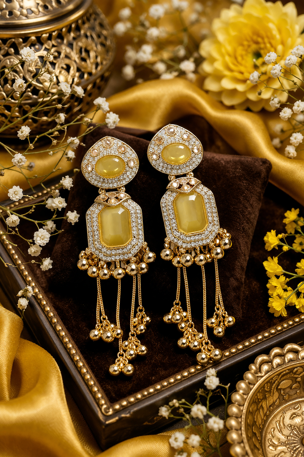 Gold-Plated Yellow Stone Chandelier Drop Earrings with Beaded Tassels