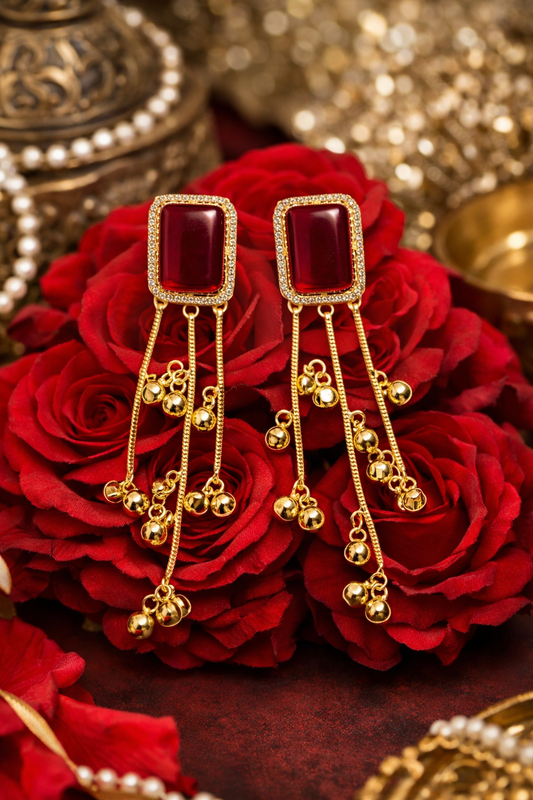 Gold-Plated Red Stone Tassel Drop Earrings with Dangling Beads