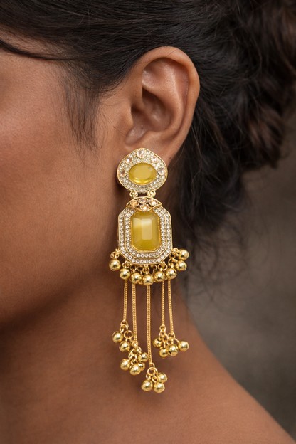 Gold-Plated Yellow Stone Chandelier Drop Earrings with Beaded Tassels