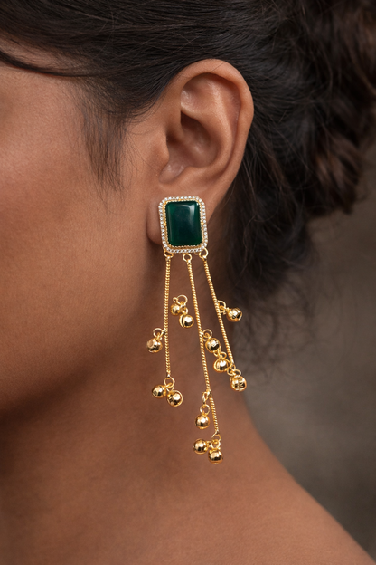Gold-Plated Green Stone Tassel Drop Earrings with Dangling Beads