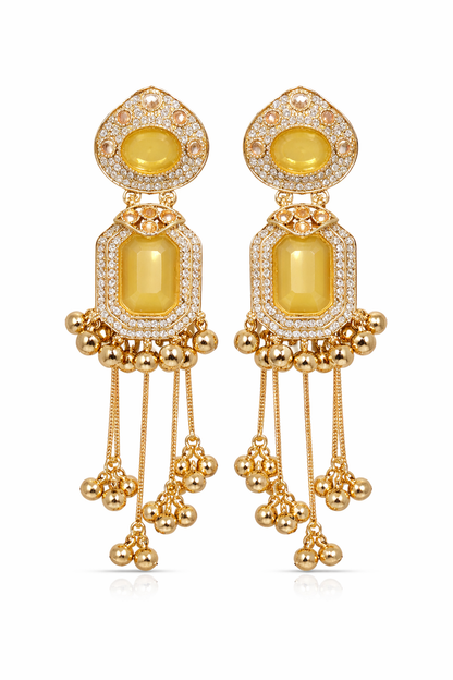 Gold-Plated Yellow Stone Chandelier Drop Earrings with Beaded Tassels