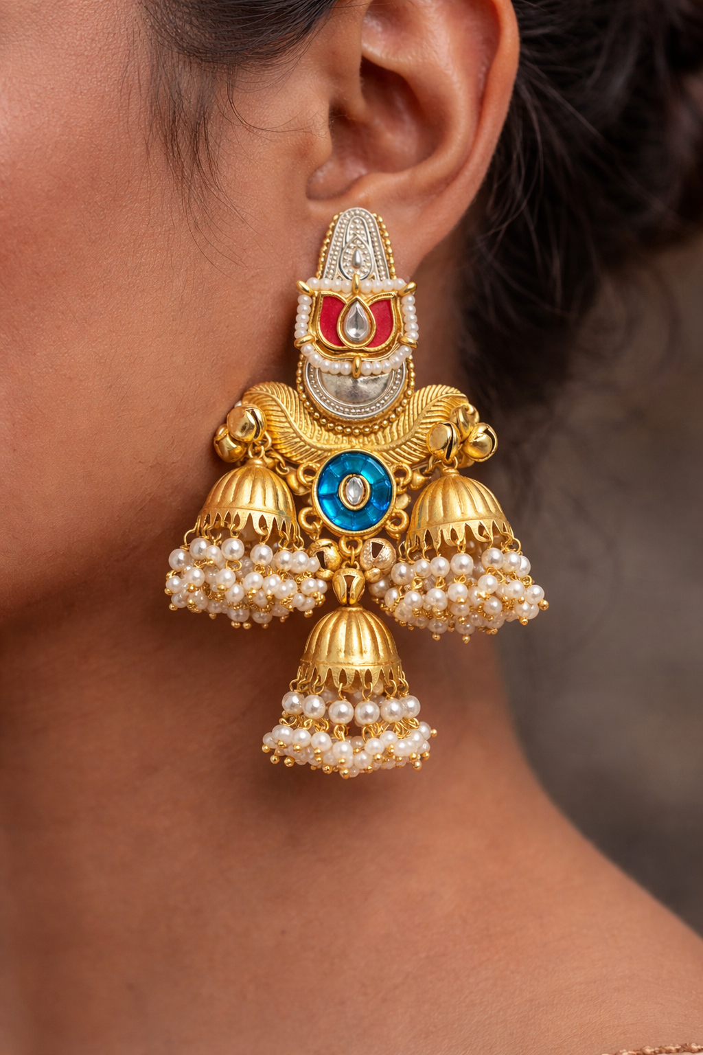 Gold-Plated Multicolor Kundan Jhumka Earrings with Pearl Drops