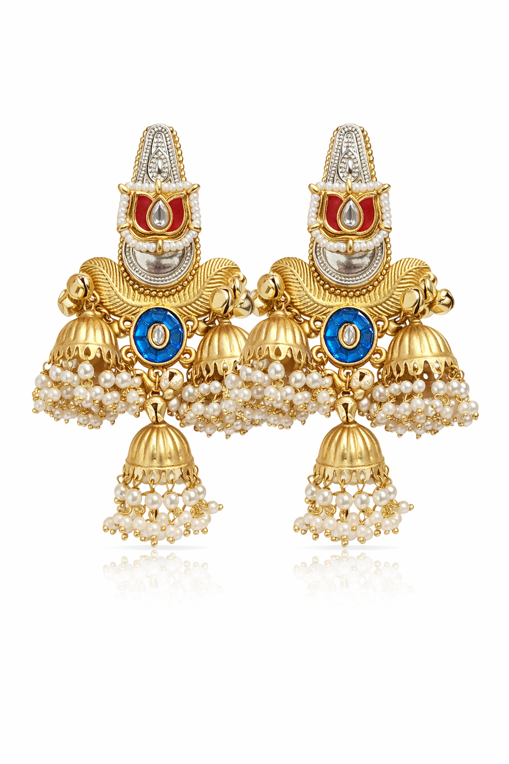 Gold-Plated Multicolor Kundan Jhumka Earrings with Pearl Drops