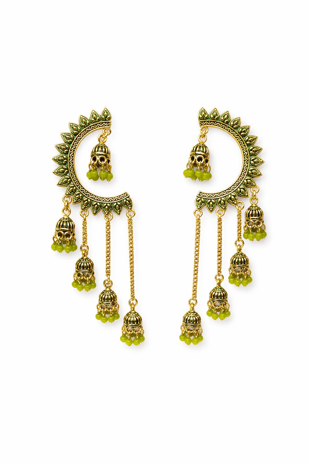 Gold-Tone Crescent Chandbali Earrings with Green Beads