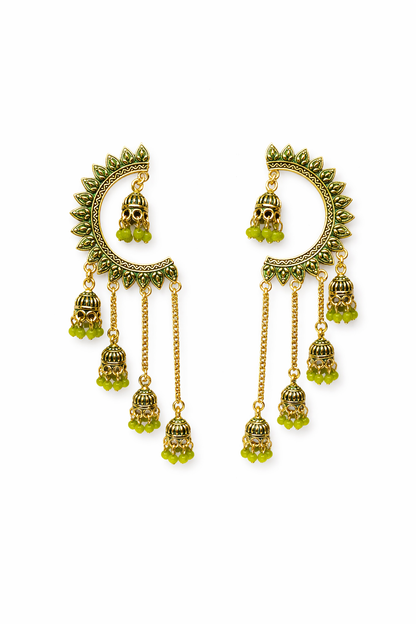 Gold-Tone Crescent Chandbali Earrings with Green Beads