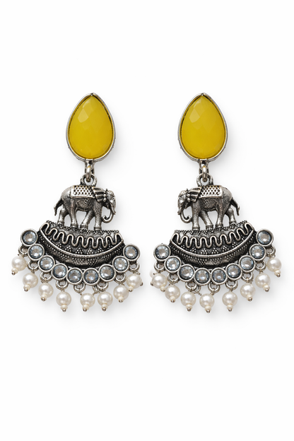 Oxidised Elephant Pearl Drop Earrings with Yellow Stone