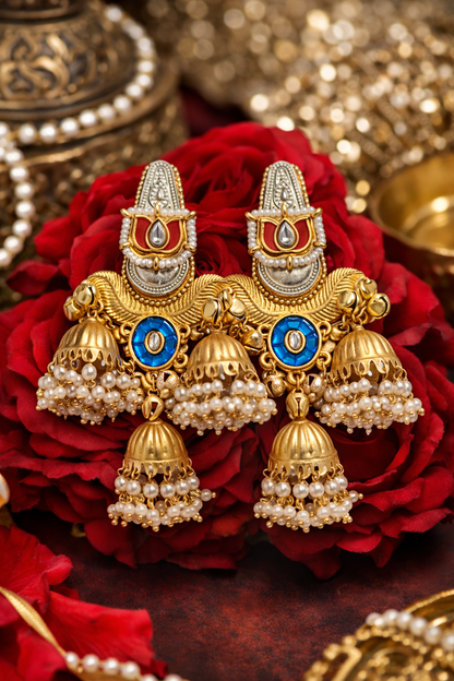 Gold-Plated Multicolor Kundan Jhumka Earrings with Pearl Drops