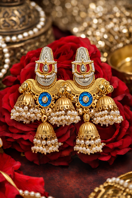 Gold-Plated Multicolor Kundan Jhumka Earrings with Pearl Drops