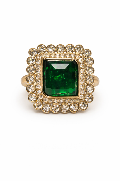 Gold-Plated Green Stone Necklace Set with Earrings, Maang Tikka & Ring