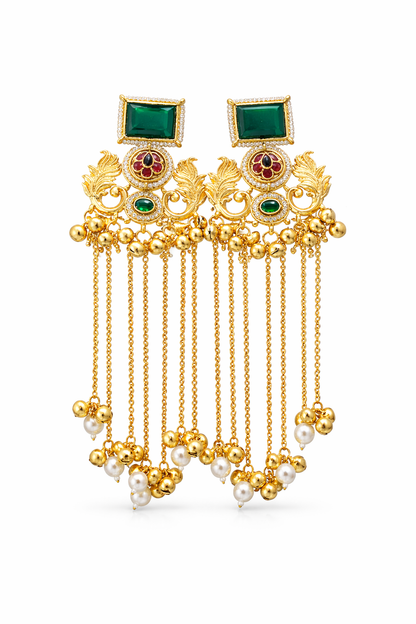 Gold-Plated Green Stone Chandelier Earrings with Pearl Drops
