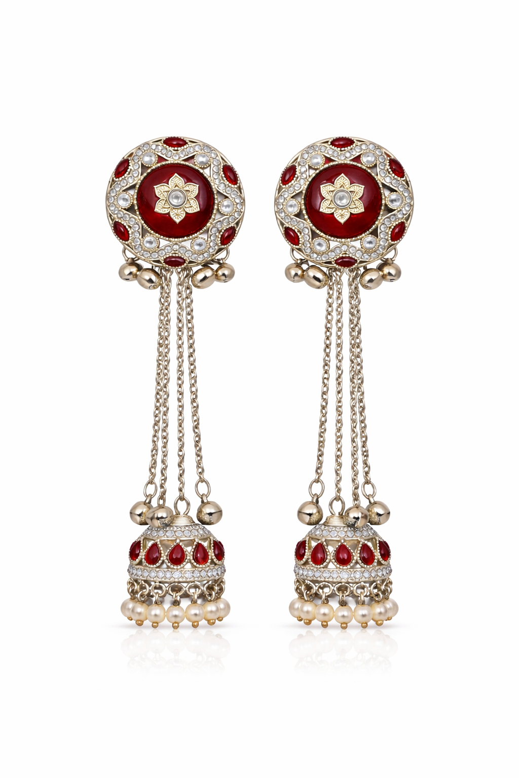 Gold-Plated Red Stone Jhumka Drop Earrings with Pearl Dangling Beads