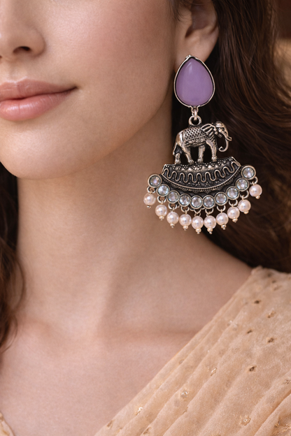 Oxidised Elephant Pearl Drop Earrings with Lavender Stone