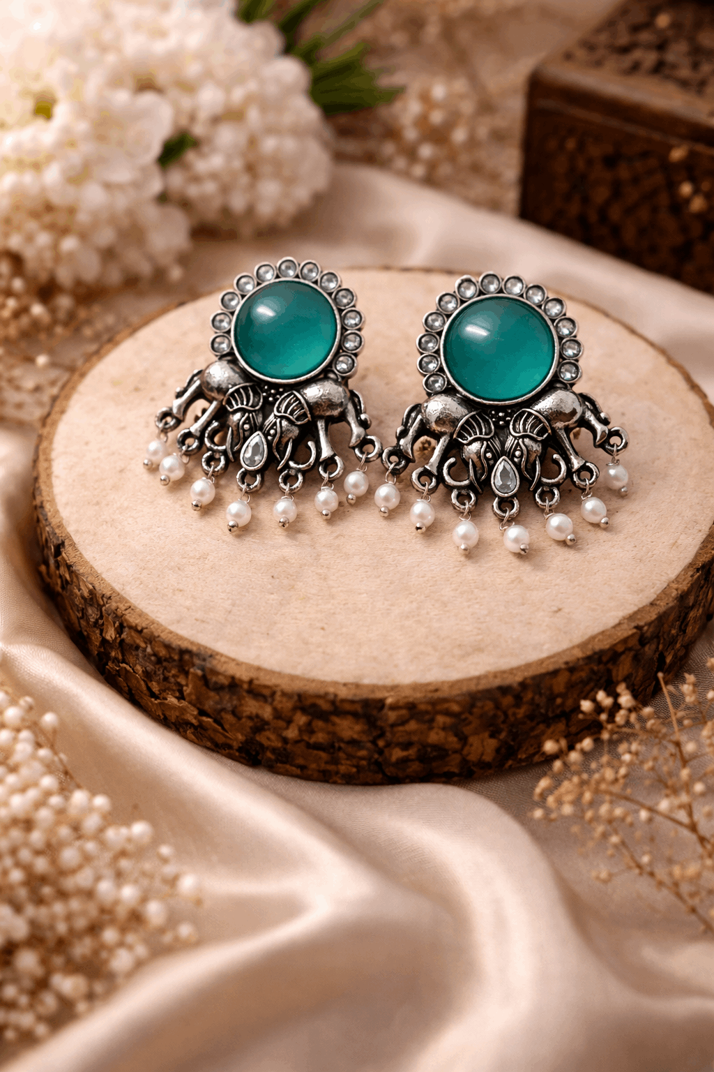 Oxidised Elephant Pearl Drop Earrings with Teal Stone