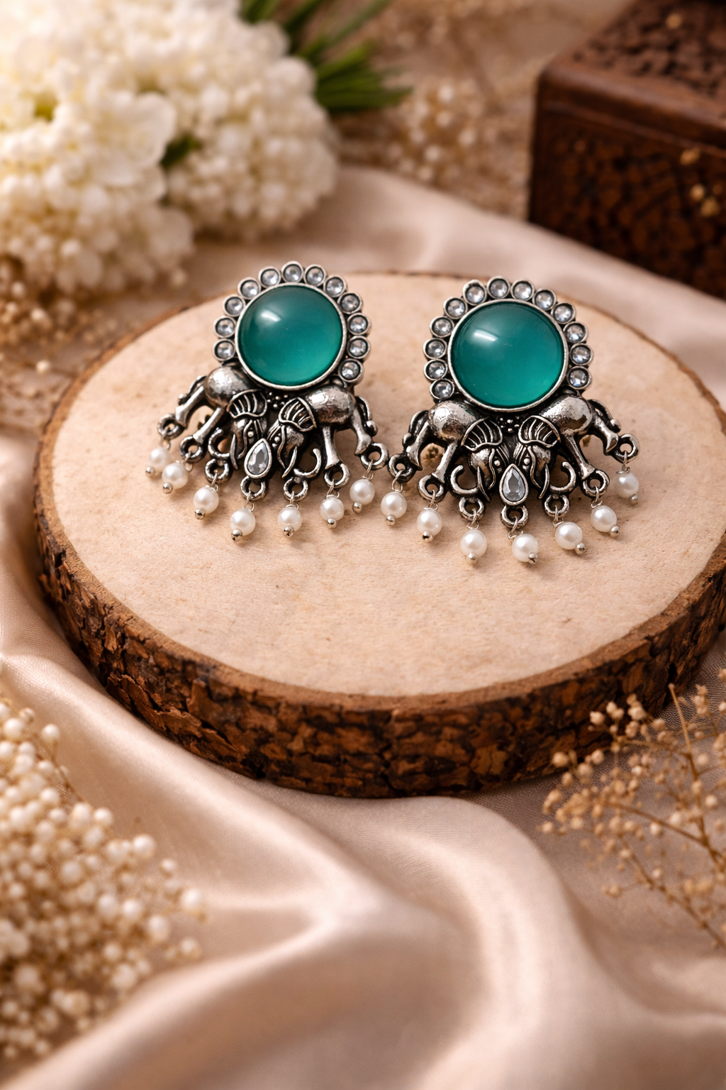 Oxidised Elephant Pearl Drop Earrings with Teal Stone