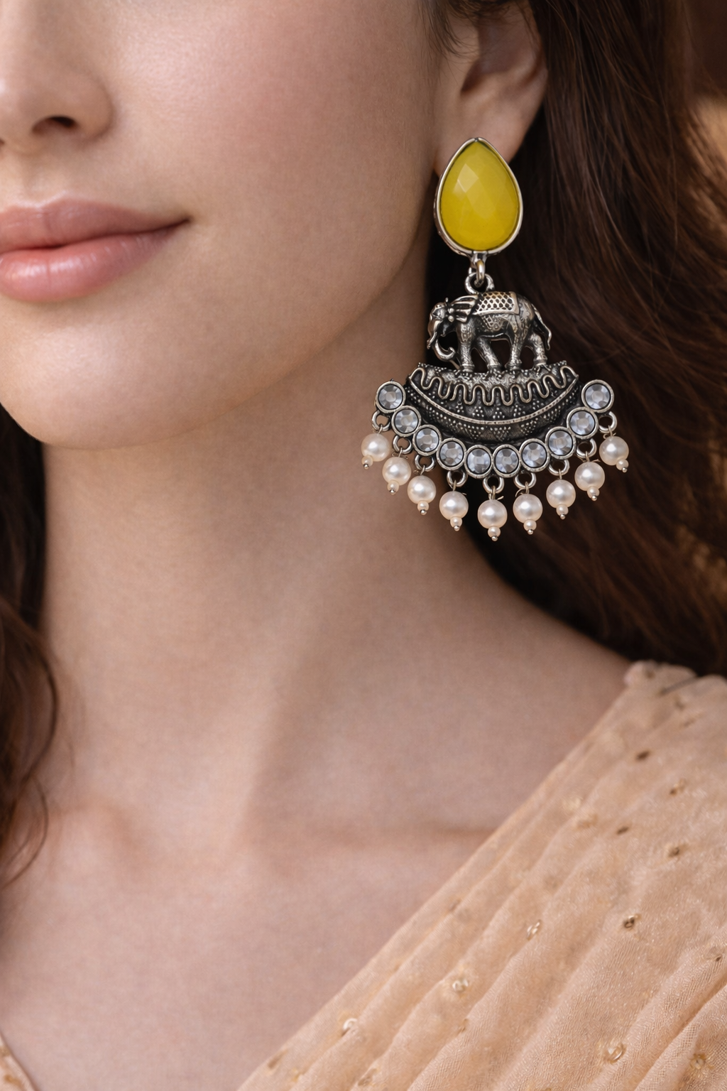 Oxidised Elephant Pearl Drop Earrings with Yellow Stone