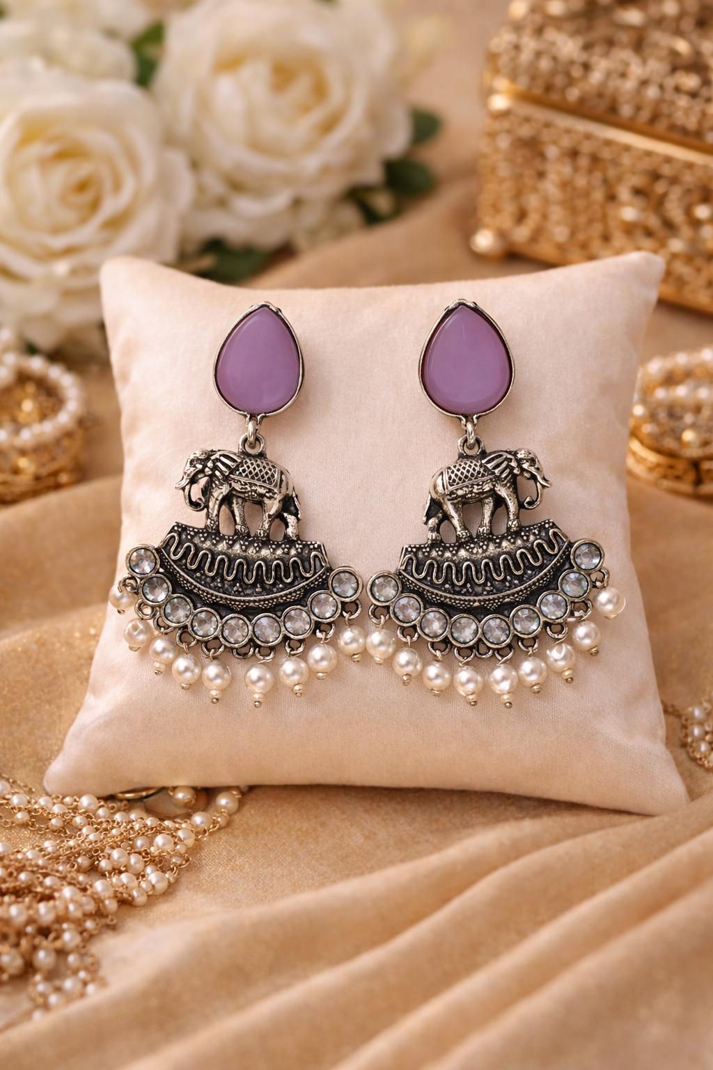 Oxidised Elephant Pearl Drop Earrings with Lavender Stone