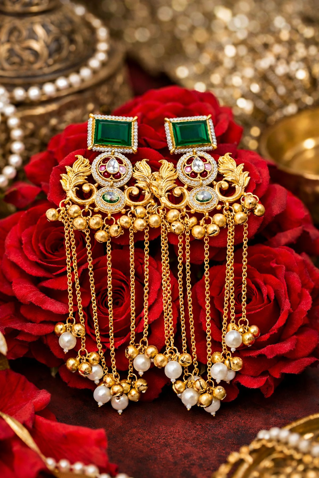Gold-Plated Green Stone Chandelier Earrings with Pearl Drops